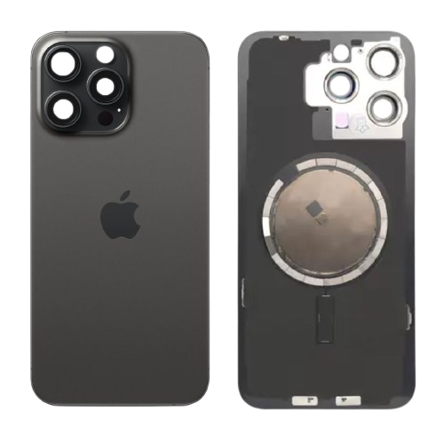 iPhone 15 Pro Achterkant Glas met Logo Zwart Grijs met Frame Magneten en Camera lenzen